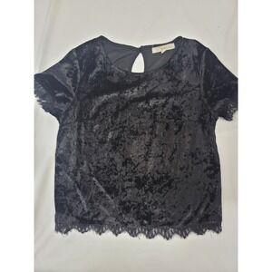 Rewind Black Crushed Velvet Lace Trim Top Short Sleeve Keyhole Back Blouse M